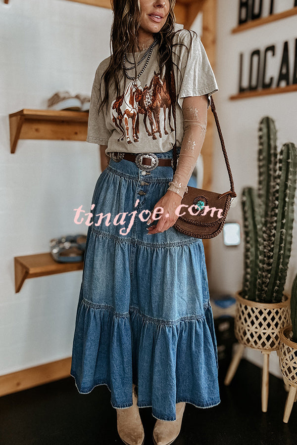 Bohemian High Rise Button Up Loose Denim Pocket Maxi Skirt