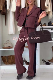Fashion Lace Panel Long-sleeved Crop Top and Elastic Waist Tie Pocket Casual Pants Set