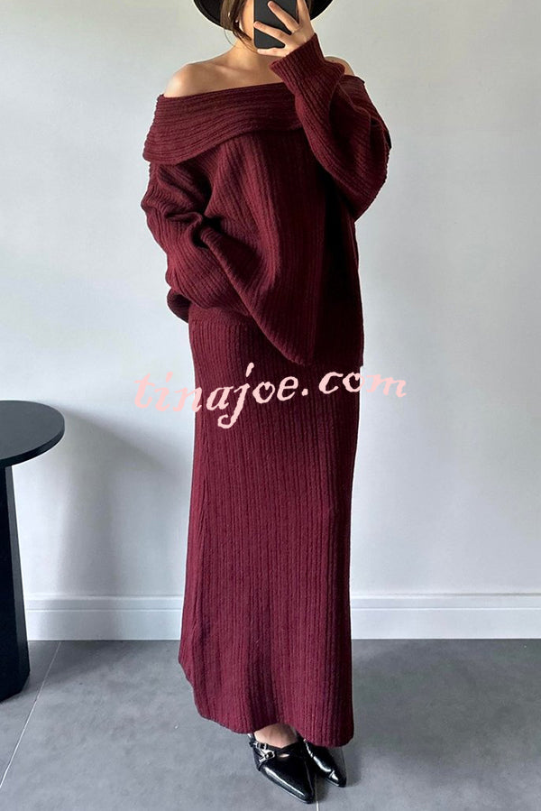 Luka Ribbed Knit Off Shoulder Long Sleeve Sweater and Stretch Maxi Skirt Set