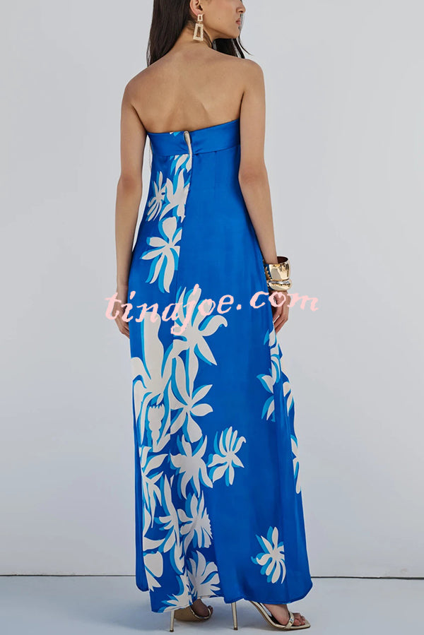 Fashion Vacation Satin Unique Print Off Shoulder Maxi Dress