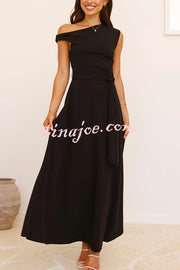 Solid Color Sloped Collar Slim Fit Waist Lace Up Full Hem Maxi Dress