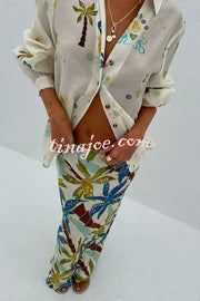 Linen Blend Resort Coconut Palm Print Long Sleeve Lapel Shirt and Elastic Waist Casual Pocket Shorts Set