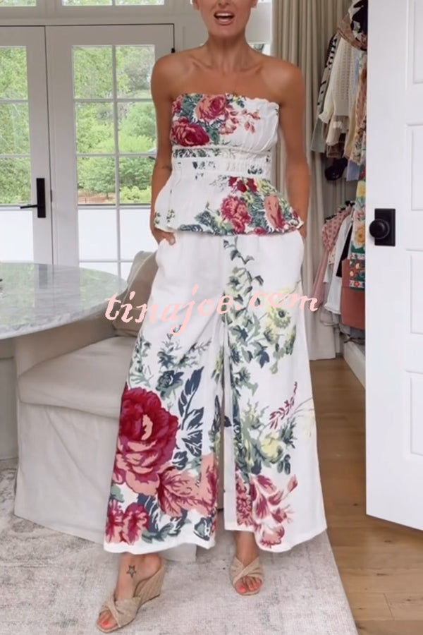 In To The Summer Linen Blend Floral Print Elastic Bandeau and Elastic Waist Pocket Loose Pants Set