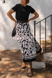 Resort Style Botanical Print Elastic Waist Loose Stitching Midi Skirt