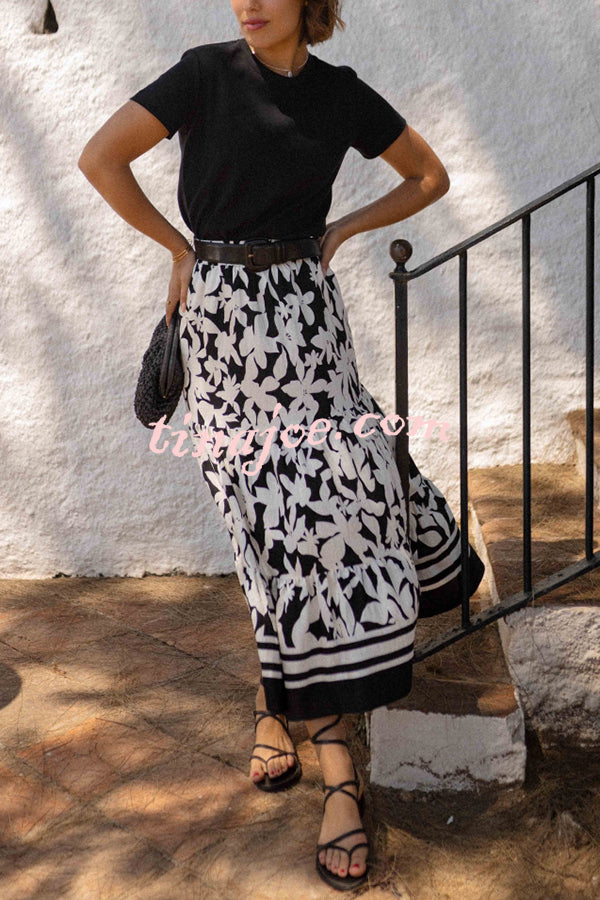 Resort Style Botanical Print Elastic Waist Loose Stitching Midi Skirt