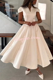 Solid Color V-neck Waist Elegant Full Hem Maxi Dress