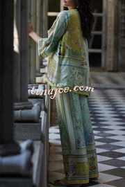 Elonie Satin Floral Print V-neck Half Sleeve Top and Elastic Waist Wide Leg Pants Set