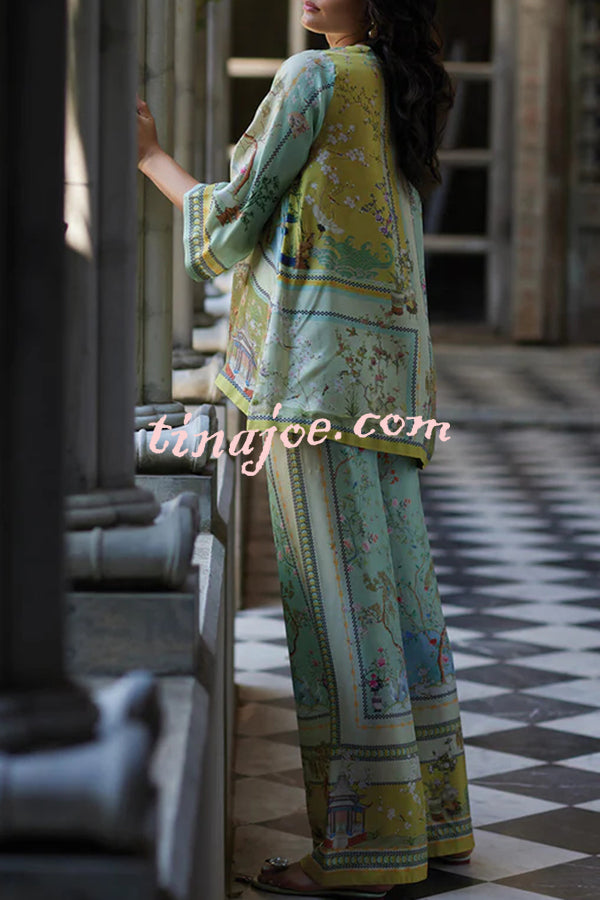 Elonie Satin Floral Print V-neck Half Sleeve Top and Elastic Waist Wide Leg Pants Set