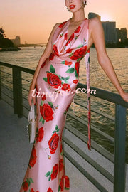 Rose Print Sexy Halter Neck Strappy Backless Slim Fit Maxi Dress