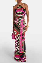 Jiya Unique Print Chain Detail Halter Backless Maxi Dress