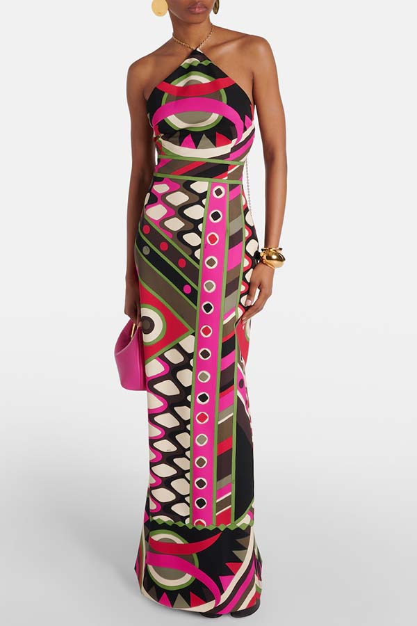 Jiya Unique Print Chain Detail Halter Backless Maxi Dress