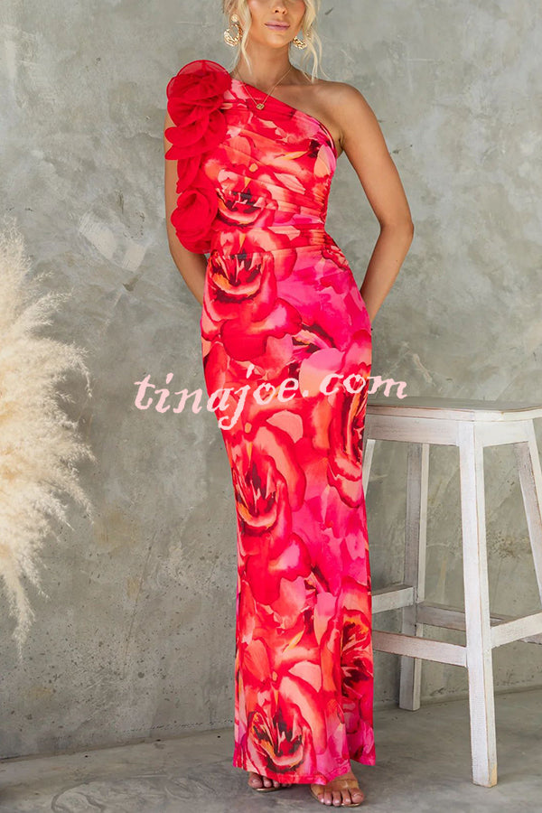 Floral Print Sleeveless 3D Flower One Shoulder Slim Maxi Dress