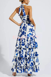 Gorgeous Styling Botanical Print Halter Neck Open Back Tiered Hem Maxi Dress