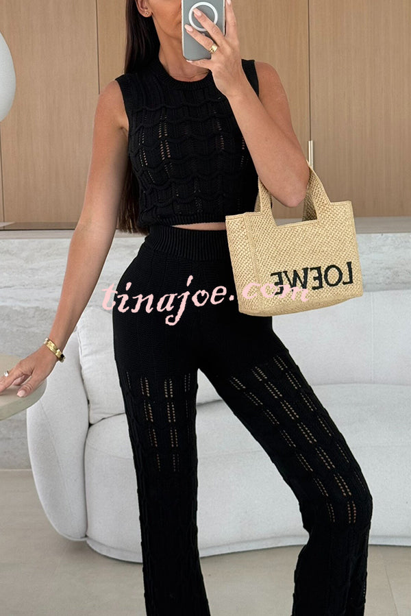 Solid Color Hollow Sleeveless Round Neck Knitted Vest and Stretch Casual Straight Pants Set