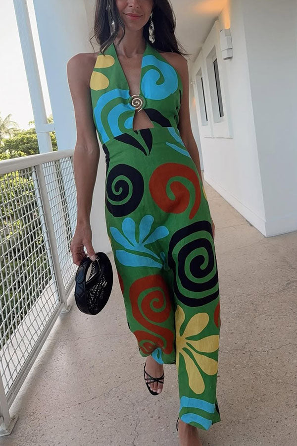 Solana Linen Blend Contrast Color Spiral Hardware Cutout Halter Maxi Dress
