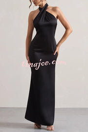 Solid Color Halter Neck Tie Sexy Backless Slim Maxi Dress
