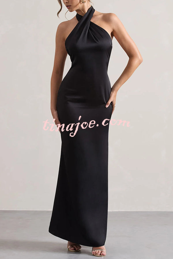 Solid Color Halter Neck Tie Sexy Backless Slim Maxi Dress