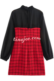 Festive Elegance Tulle Plaid Tweed Patchwork Balloon Sleeve Mini Dress