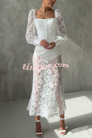 Timeless Moment Floral Lace Square Neck Button Up Balloon Sleeve Top