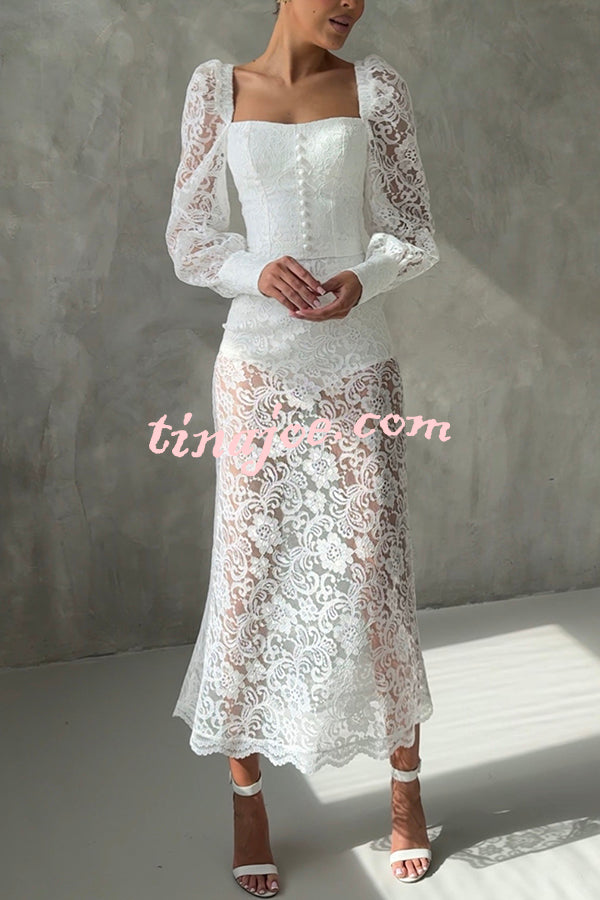 Timeless Moment Floral Lace Square Neck Button Up Balloon Sleeve Top