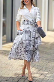 Jiles Linen Blend Unique Contrast Print Long Sleeve Tie-up Pocket Shirt Midi Dress