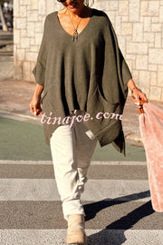 Fashion V-neck Loose Pocket Mid-length Knitted Sweater