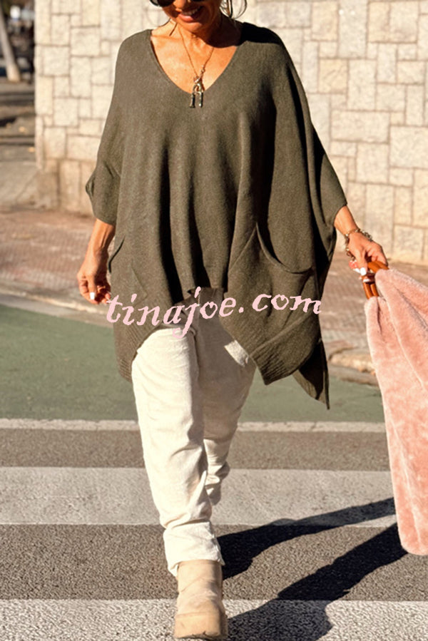 Fashion V-neck Loose Pocket Mid-length Knitted Sweater