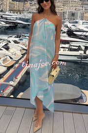 Elmhurst Satin Unique Print Chain Halter Draped Scarf Midi Dress