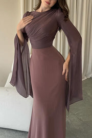 Liora Ruched Organza and Satin Patchwork Design Long Bell Slit Sleeve Maxi Dress