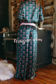 Satin Bow Print Long sleeve Loose Shirt and Elastic Waist Tie Loose Pants Set