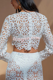 Balmy Summers Crochet Lace Floral Pattern Long Sleeve Crop Vacation Top