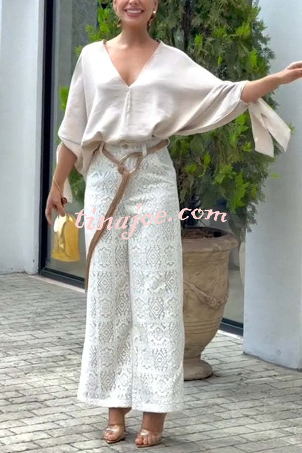 Joyful Bond Linen Blend V-neck Knotted Cuff Half Sleeve Loose Top