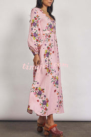 Garden Party Linen Blend Floral Print Button Balloon Sleeve Pocketed Maxi Dress