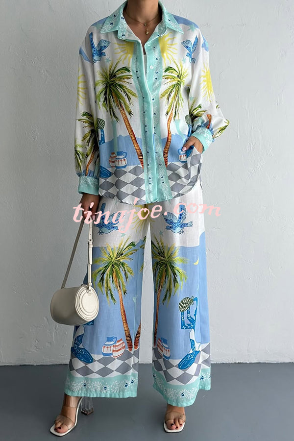 Holiday Style Print Loose Long Sleeve Shirt and Elastic Waist Loose Pocket Wide Leg Pants Set