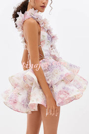 Floral Print V-neck Halter Back Tie Double Layer Mini Dress