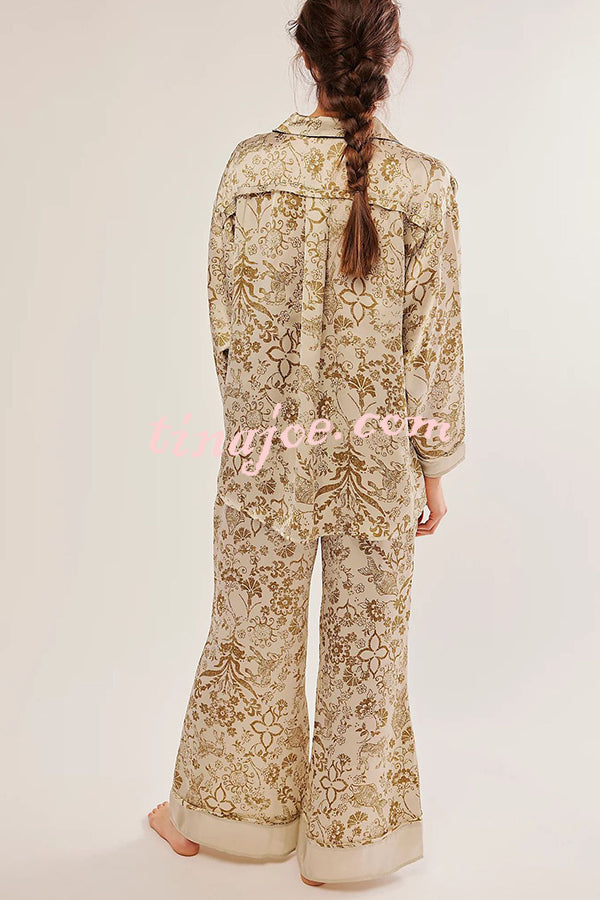 Unique Printed Lounge Long-sleeved Shirt and Elastic Waisted Baggy Pants Set