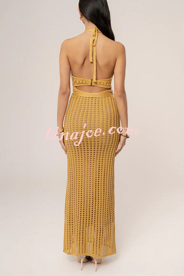 Ocean Dream Crochet Knit Golden Decoration Halter Stretch Maxi Dress