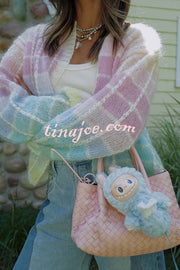 Palette Day Knit Color Blocks Open Front Balloon Sleeve Loose Cardigan