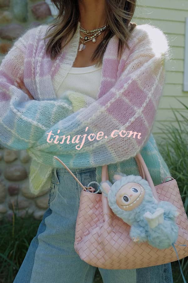 Palette Day Knit Color Blocks Open Front Balloon Sleeve Loose Cardigan