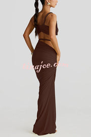 Sexy Halter Back Braided Suspender Top and Beach Holiday Style Hip-wrapped Maxi Skirt Set