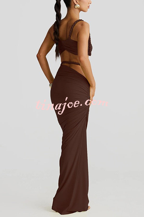 Sexy Halter Back Braided Suspender Top and Beach Holiday Style Hip-wrapped Maxi Skirt Set