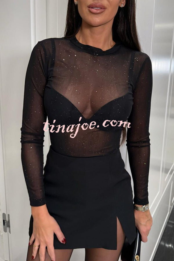 Feeling Flirty Mesh Glitter Fabric Long Sleeve Stretch Bodysuit