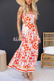 Unique Print Waist Cutout Back Gathered Suspender Maxi Dress