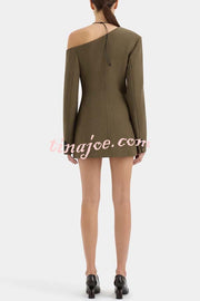 Sartoria Asymmetrical Off Shoulder Contrast Tab Button Long Sleeve Blazer Mini Dress