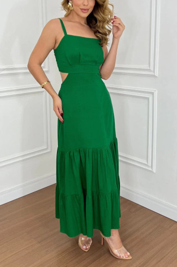 Solid Color Sleeveless Pleated Back Waist-baring Maxi Dress