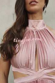Stunning Choice Satin Pleated Halter High Neck Cutout Waist Backless Maxi Dress