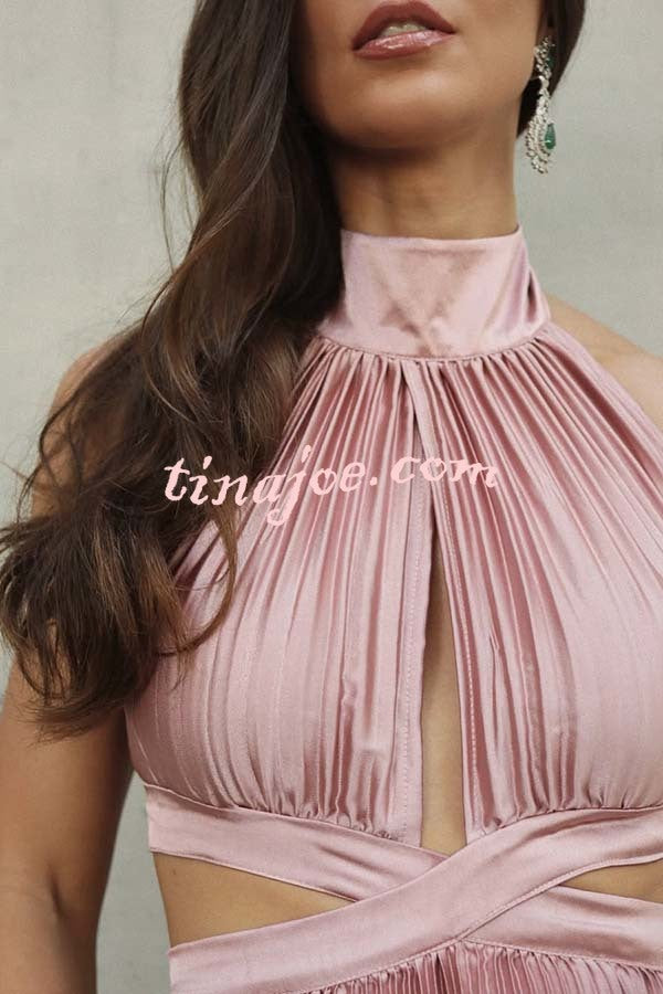Stunning Choice Satin Pleated Halter High Neck Cutout Waist Backless Maxi Dress