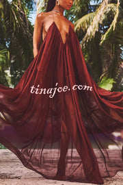 Flowing Lightweight Chiffon Chain Halter Neck Detail Backless A-line Maxi Dress