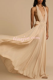 Ethereal Moment Tulle Cutout Ruched Waist Backless Halter Maxi Dress