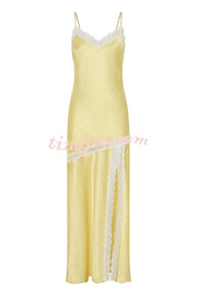 Sweet Trend Satin Lace Trim V-neck Slit Slip Maxi Dress